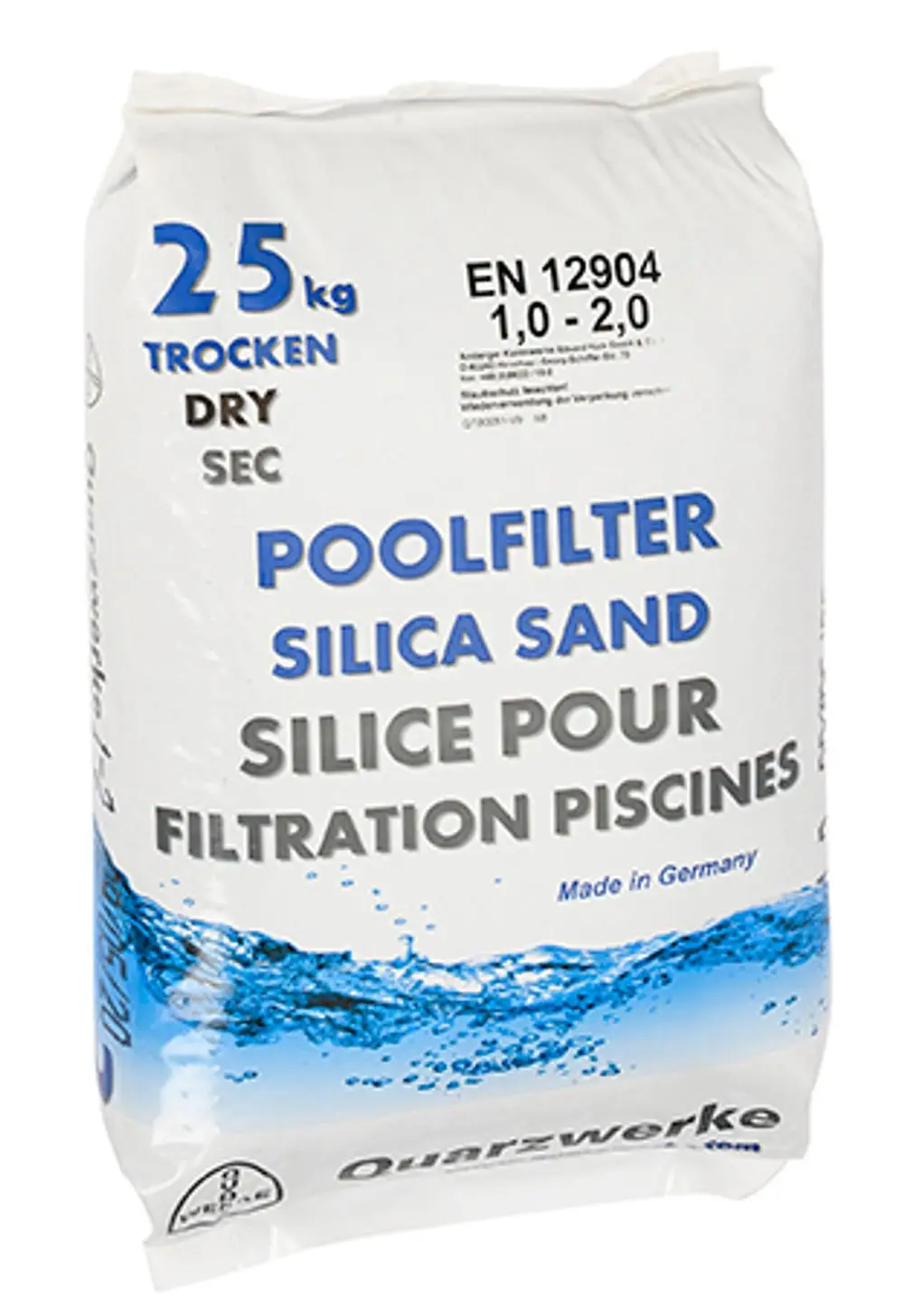 Weiße Verpackung mit blauen und grauen Schriftzügen, die Quarzsand für die Filterung in Schwimmbädern beschreibt. Marke: Grünbeck. Informationen zur Körnung sind aufgeführt.